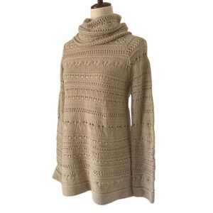Cotton Emporium XS Oversized Turtleneck Sweater Mixed Knit Beige Boho EUC